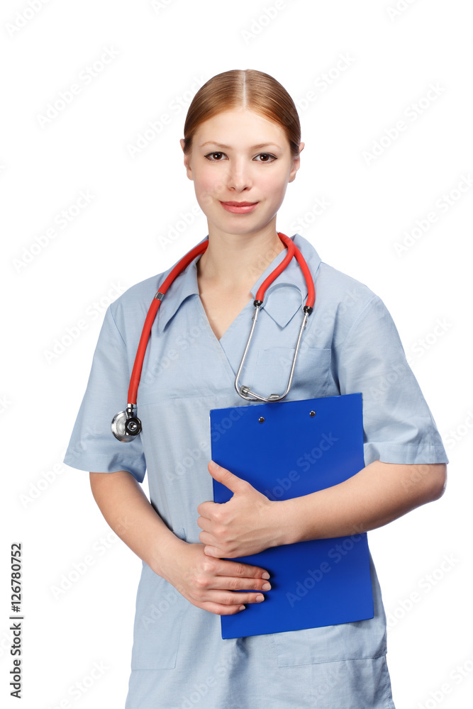 Female doctor with red stethoscope and paper holder Female doctor with red stethoscope and paper holder