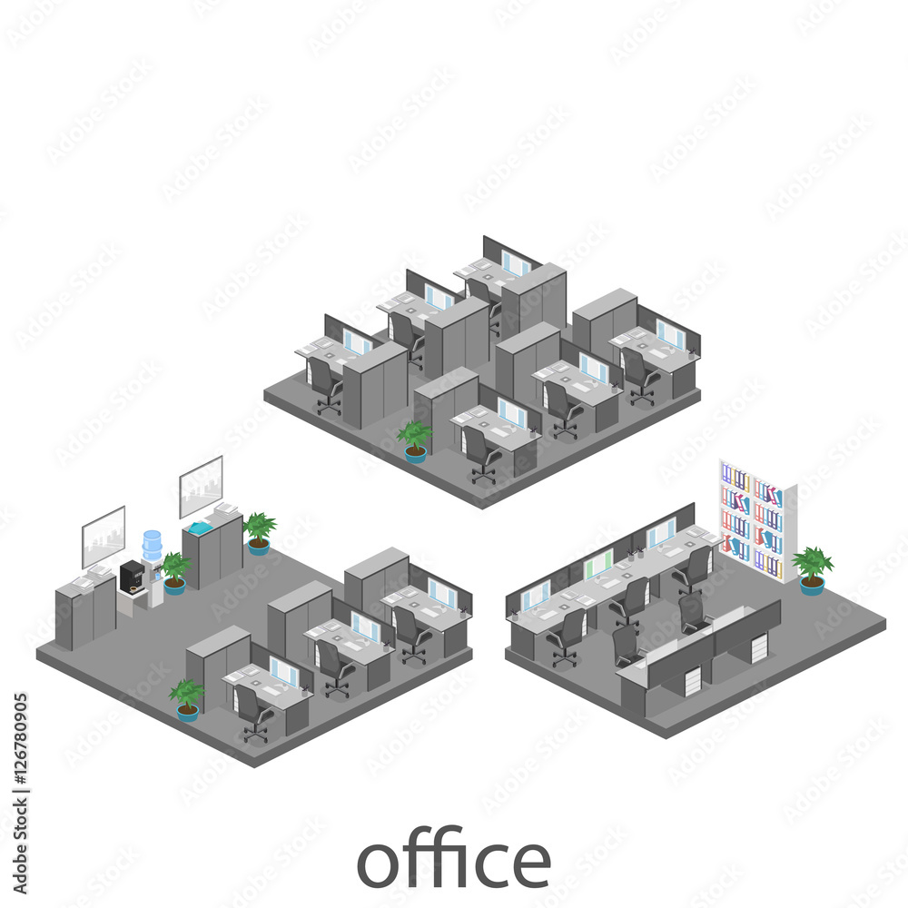 Flat 3d isometric abstract office floor interior departments concept. interior of room