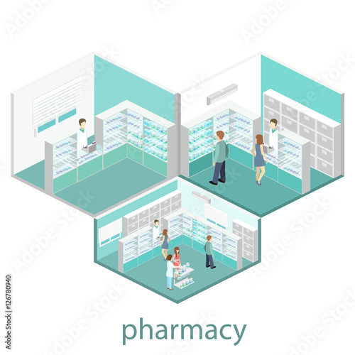 Isometric interior of pharmacy.