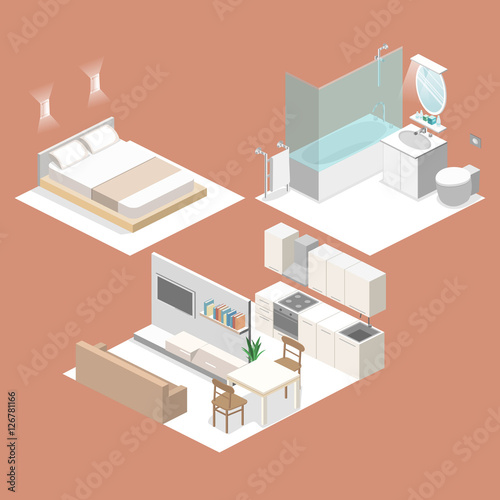 Isometric flat 3D vector interior kitchen, bathroom, living room bedroom