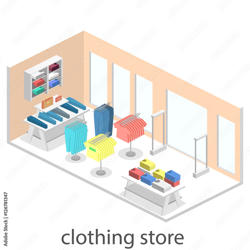 Isometric infographic flat 3D vector interior of clothing store inside.