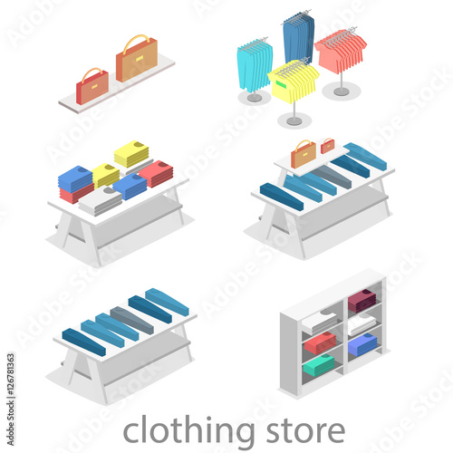 Isometric infographic flat 3D vector interior of clothing store inside.