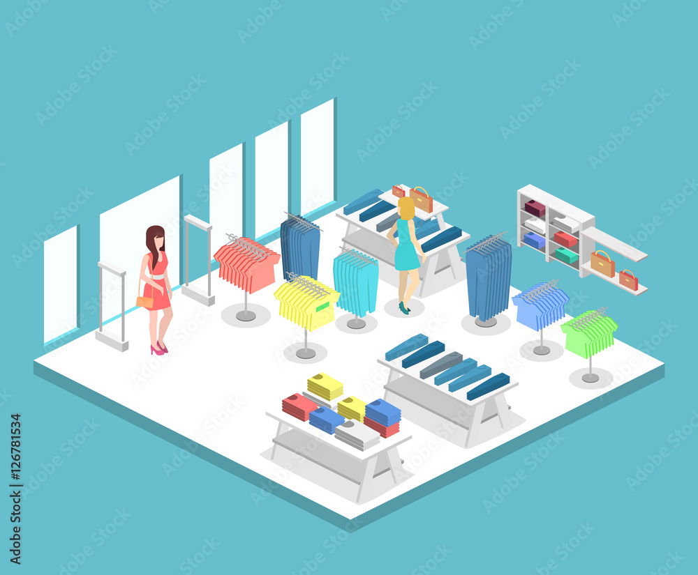 Isometric infographic flat 3D vector interior of clothing store inside.