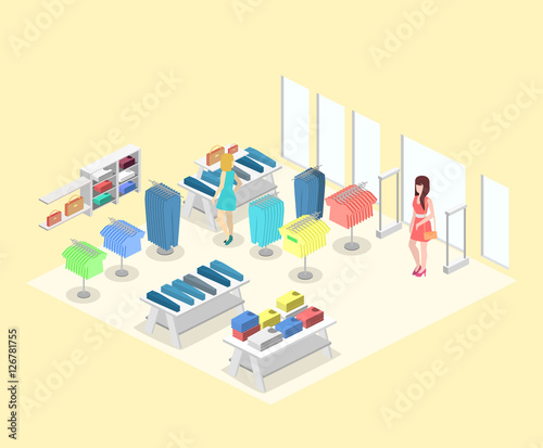 Isometric infographic flat 3D vector interior of clothing store inside.