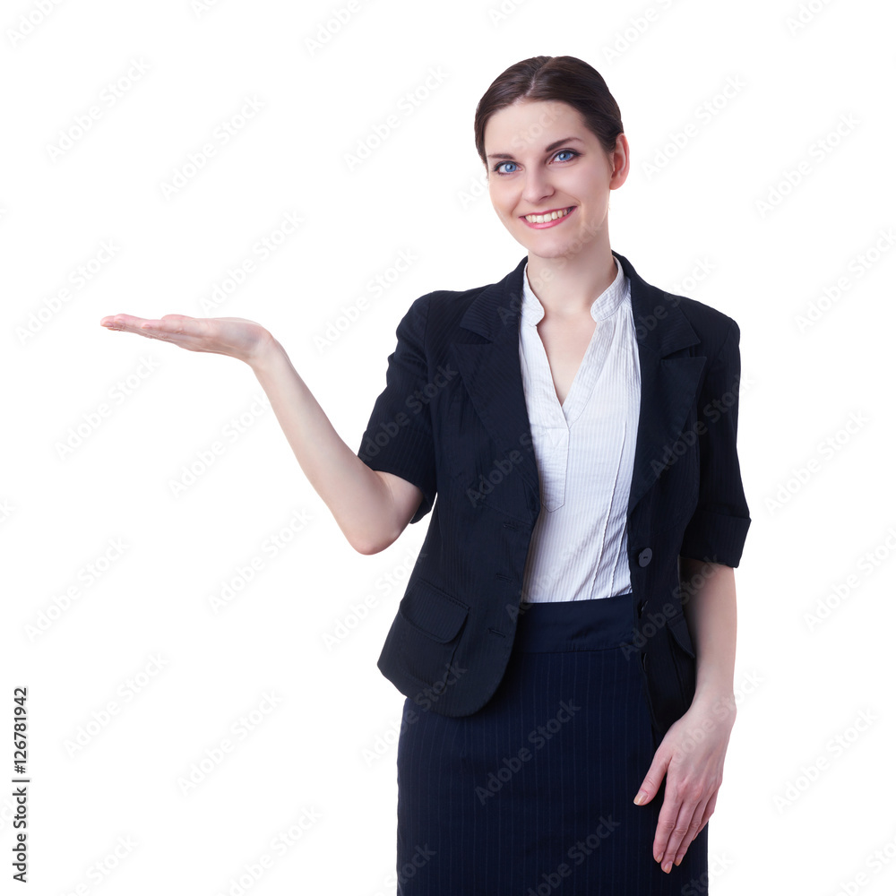 Smiling businesswoman standing over white isolated background Smiling businesswoman standing over white isolated background