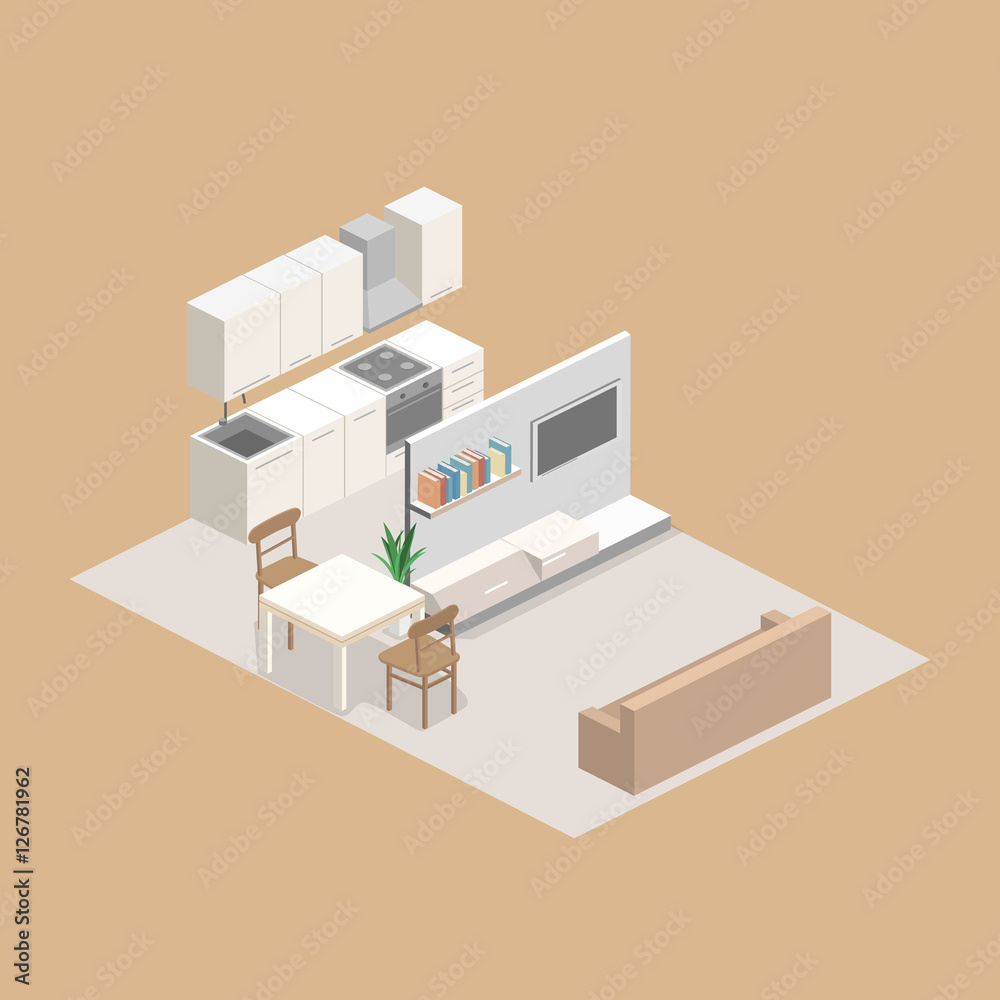 Obraz premium Isometric flat 3D concept vector interior of studio apartments.