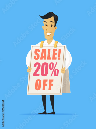 Happy businessman wearing sandwich advertising board with sale ad vector cartoon illustration