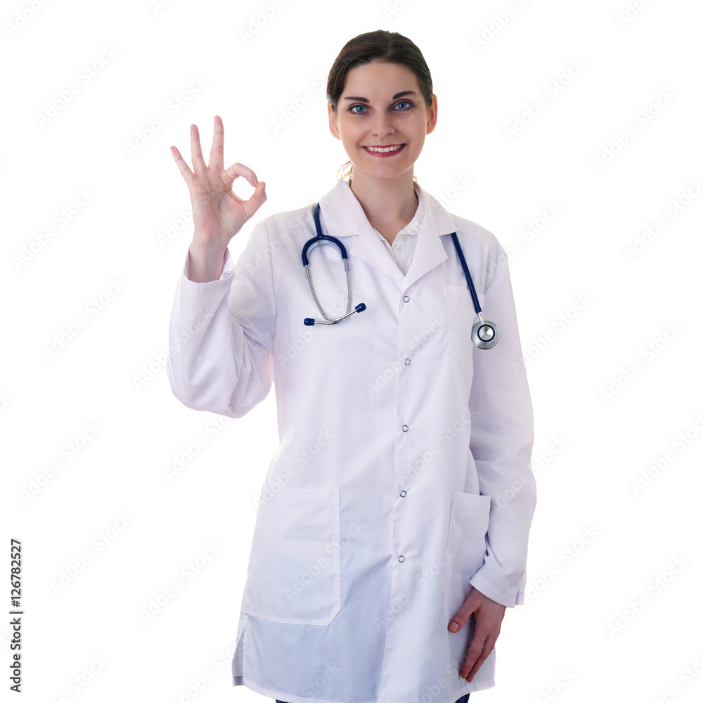 Female doctor assistant scientist in white coat over isolated background Female doctor assistant scientist in white coat over isolated background