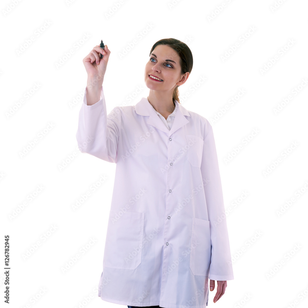 Female doctor assistant scientist in white coat over isolated background Female doctor assistant scientist in white coat over isolated background