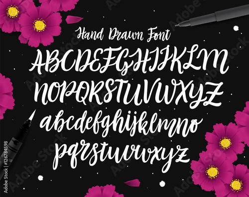 Vector Hand Drawn Font. White Letters Isolated on Black Background. Capital and lowercase letters of the English alphabet for your designs: logo, greeting cards, etc. Alphabet written with brush pen. © Very Well Studio