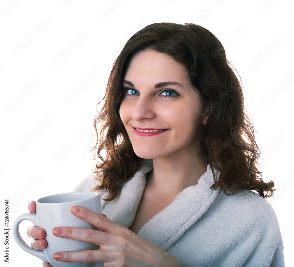 Young woman in bath robe over white isolated background Young woman in bath robe over white isolated background