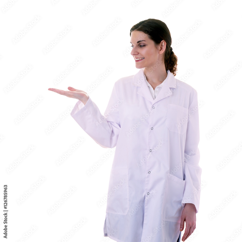 Female doctor assistant scientist in white coat over isolated background Female doctor assistant scientist in white coat over isolated background