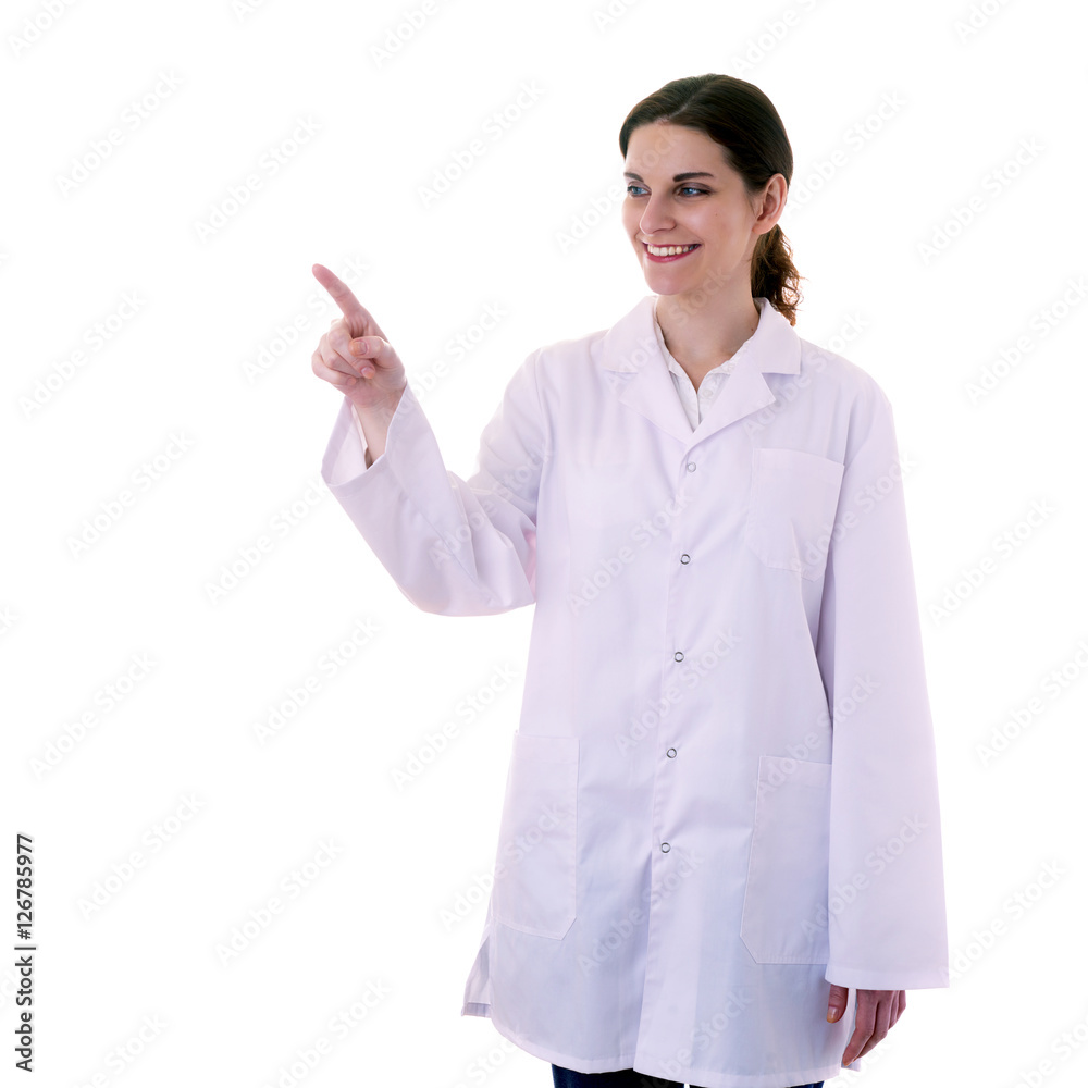 Female doctor assistant scientist in white coat over  isolated background