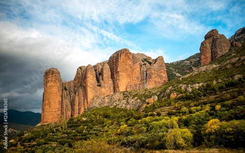 Landscape "Mallos de Riglos" in Huesca, Spain. Instead of climbing famous throughout Europe. Crags nesting vultures and owls. Interesting for birdwatching.