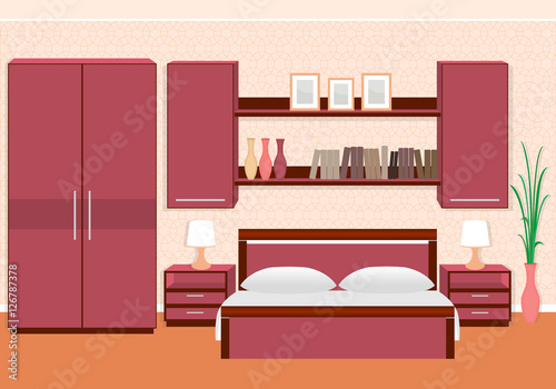 Elegant bedroom interior with furniture  bookshelves  photoframes.