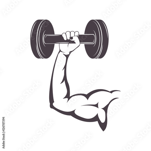 silhouette muscular arm holding a disc weights vector illustration