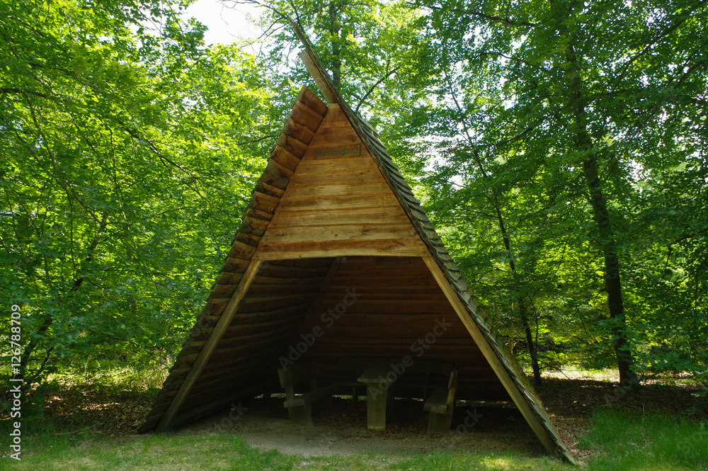 table and bench in wooden bower in resting place in a forest table and bench in wooden bower in resting place in a forest