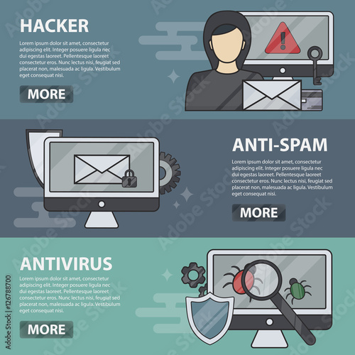 Vector thin line design horizontal banners of hacker, anti-spam and antivirus. Business concept of internet security, protection, coding and programming. Set of computer hardware and technology.