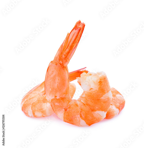Seafood. Close up Shrimps, Pile of peeled Prawns isolated on a W
