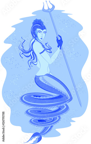 Fabulous mermaid in an underwater world with Trident. EPS10 vector illustration
