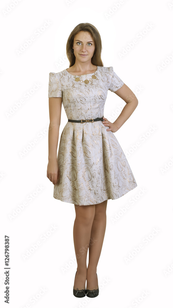Caucasian woman wearing brown dress standing on isolated background