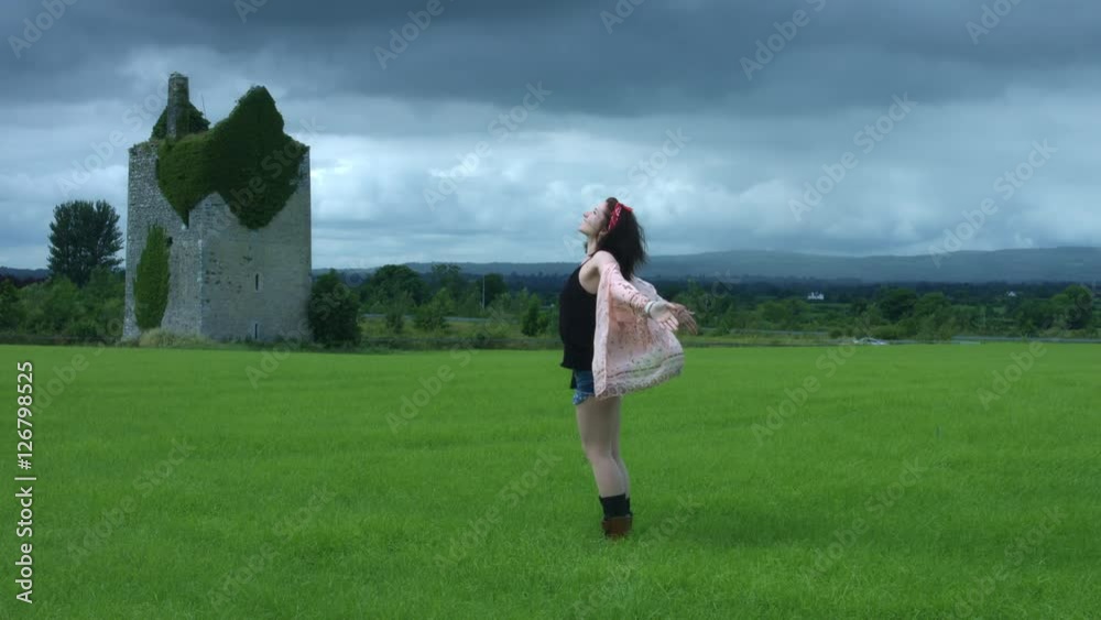 4k Castle in Background Shot of a Woman in wind 4k Castle in Background Shot of a Woman in wind