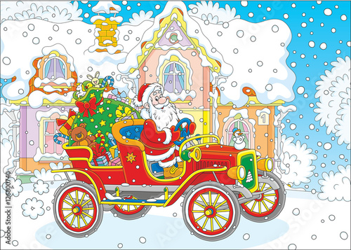 Santa Claus driving his old car with a big bag of Christmas gifts
