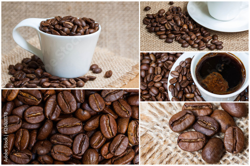 Collage of coffee motif images, decorative wallpaper; napkins, tissues, tiles, tableware mock up.