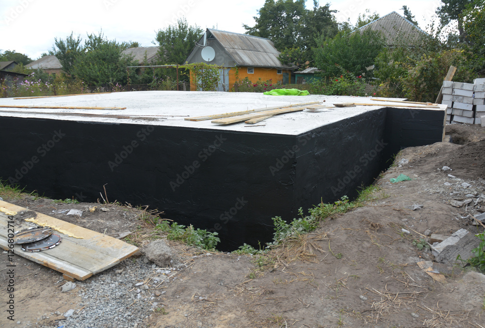 New House Construction Foundation with Waterproofing.