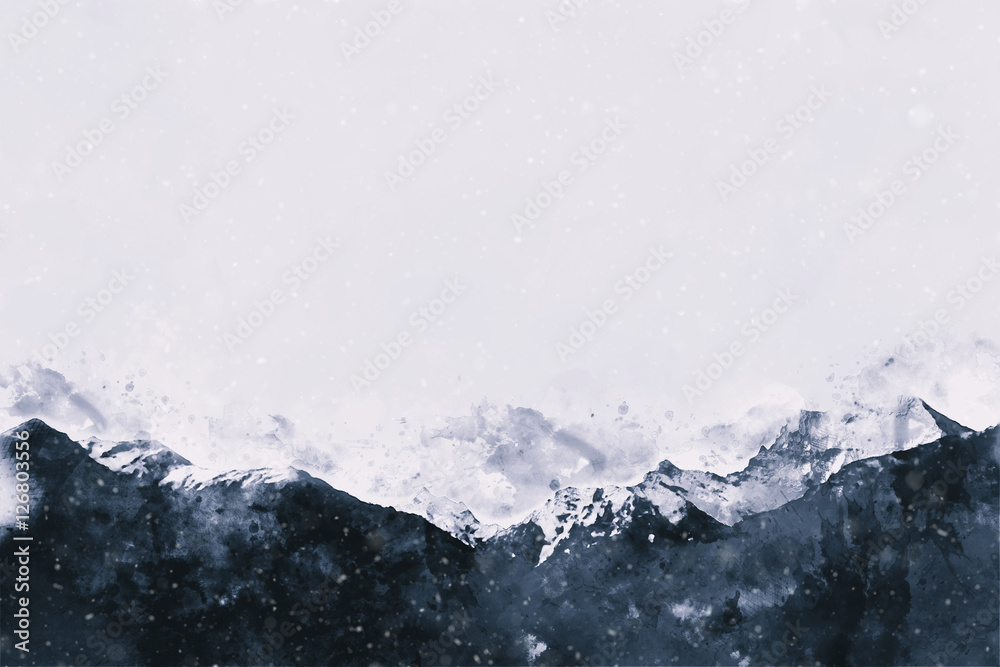 Obraz Góry krajobraz w zimie, cyfrowy akwarela obraz