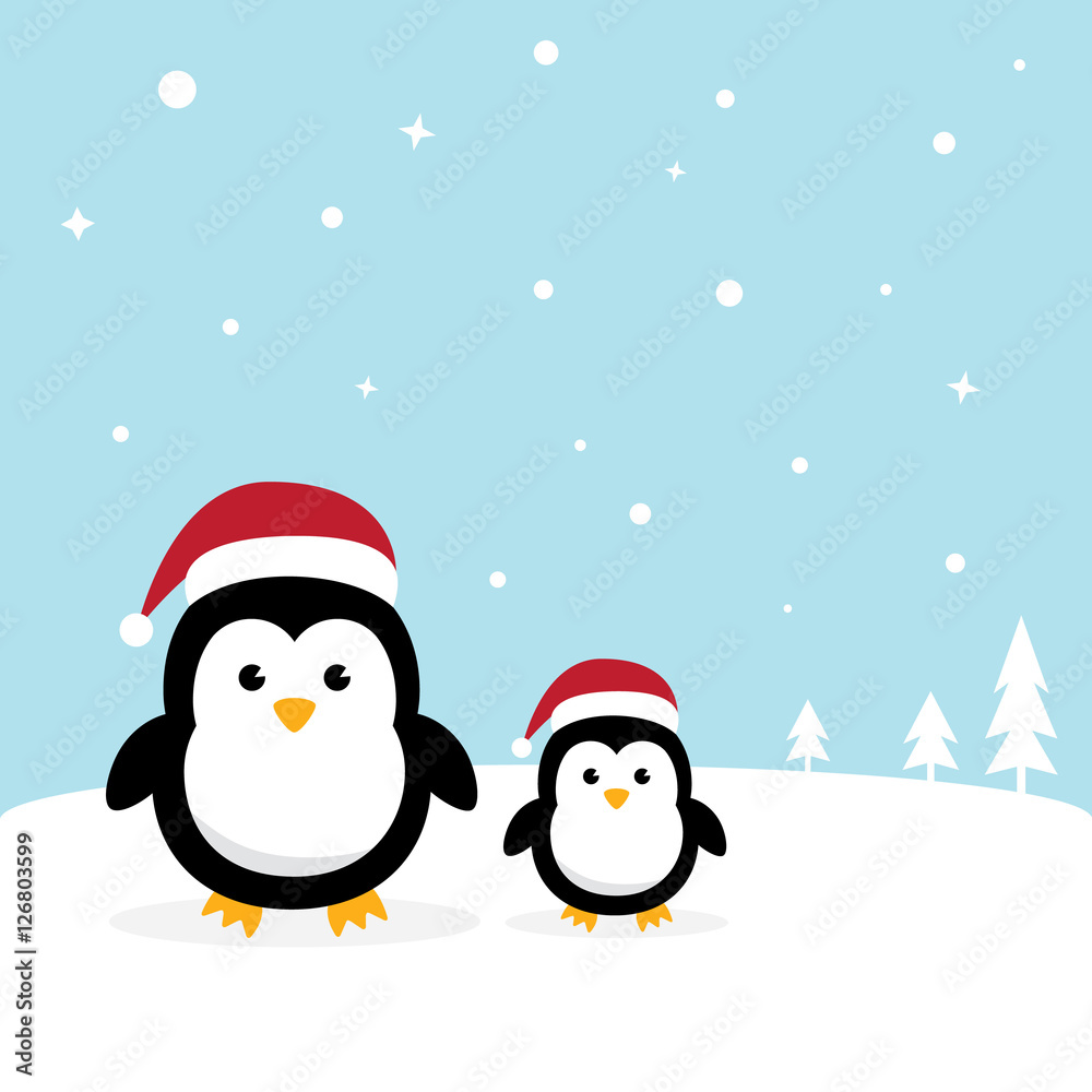 Cute Penguins standing on white snow with Antarctica's winter background. Penguins wearing Santa Claus hat with ice mountain flat design vector illustration. Cute Penguins standing on white snow with Antarctica's winter background. Penguins wearing Santa Claus hat with ice mountain flat design vector illustration.