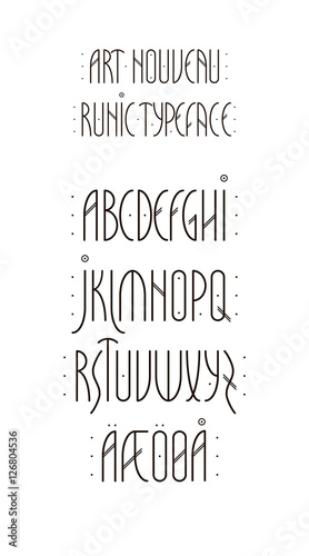Decorative runic typeface in Scandinavian art nouveau style. Set of condensed sans serif uppercase letters. Vector alphabet isolated on white background.