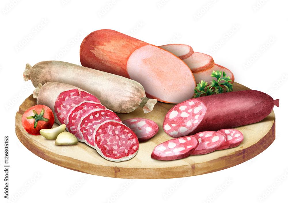 Composition with sausage. Watercolor Composition with sausage. Watercolor