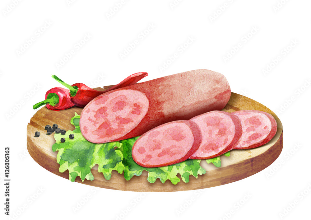 Sausage on the platter. Watercolor