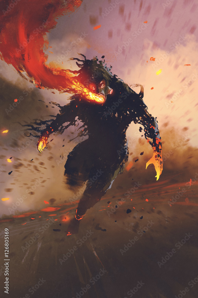 Fototapeta premium the gas mask man breathing out fire flame,illustration painting