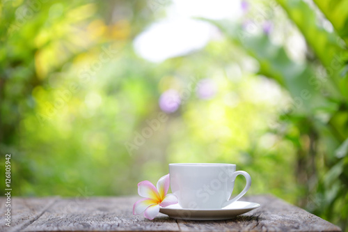 white cup and frangipani flower at outdoor © paladin1212