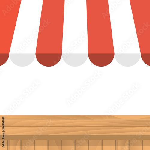 Wooden table with striped awning