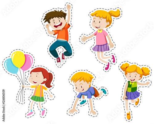 Happy kids running and jumping set