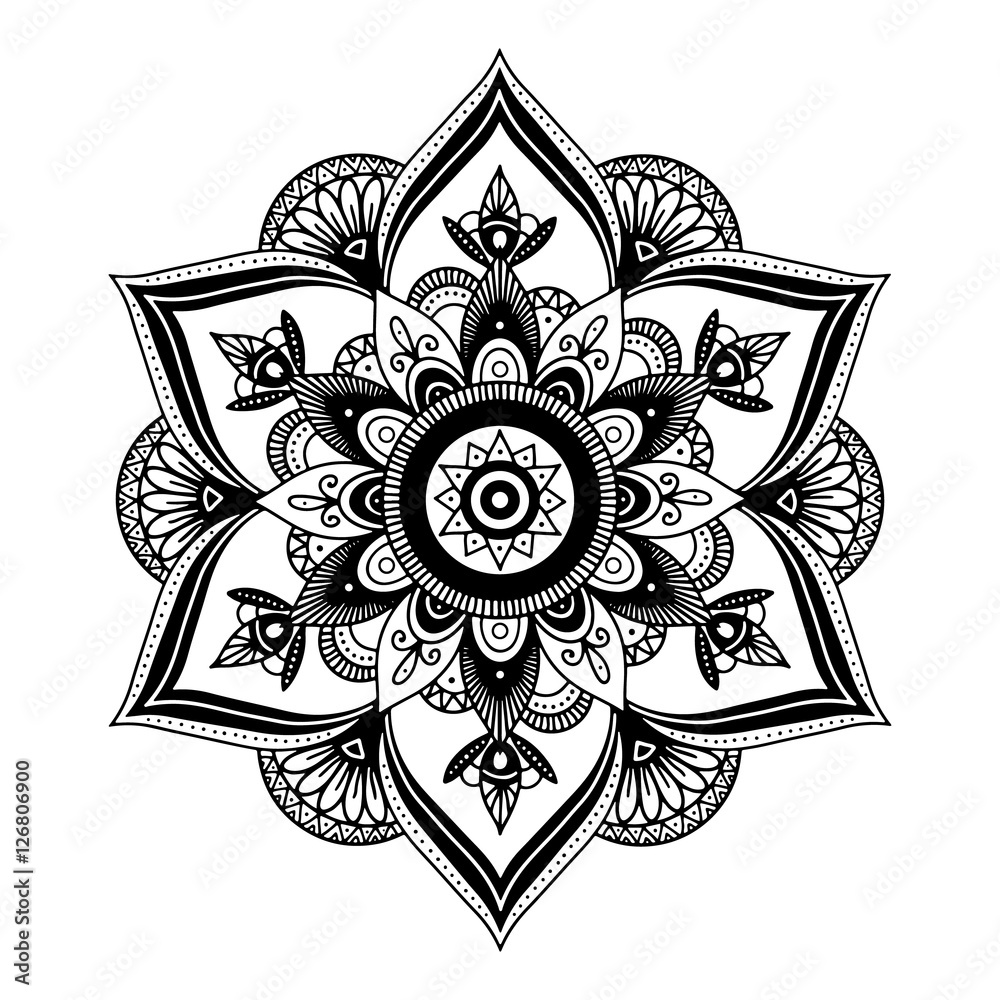 Mandala, highly detailed zentangle inspired illustration, ethnic tribal tattoo motive, black in on white isolated background. Adult coloring book page. Anti-stress illustration.