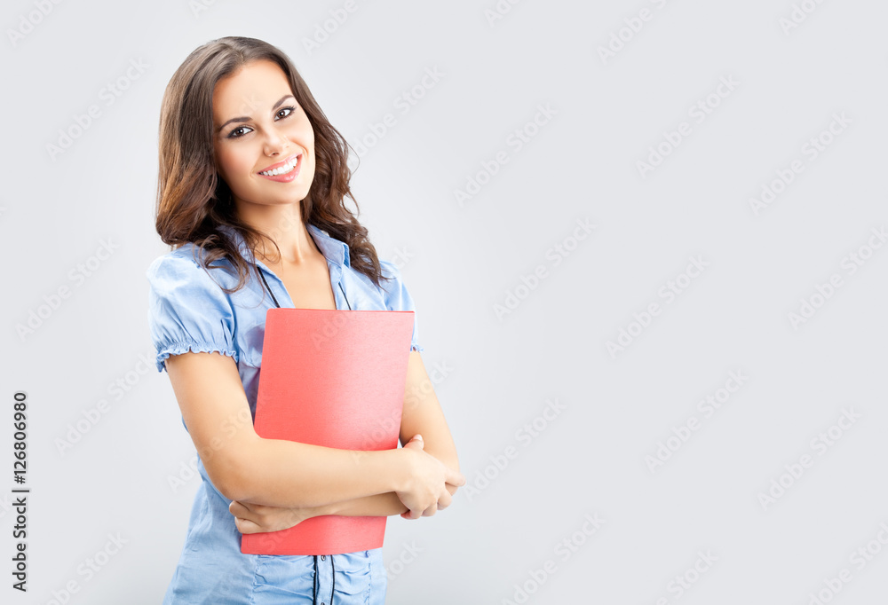 Businesswoman with red folder, on grey Businesswoman with red folder, on grey