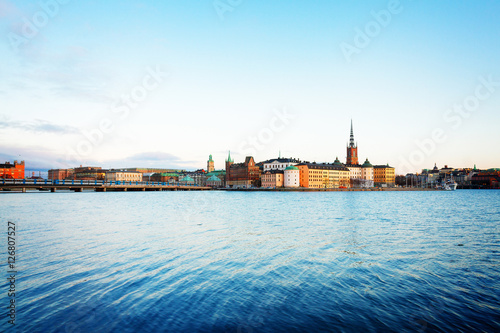 old town of Stockholm and Baltic sea at sunset, Sweden, toned