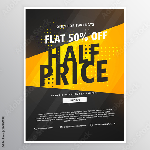 half price sale brochure flyer promotional template in yellow an