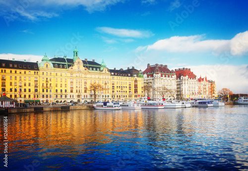 Scenic panorama of the Old Town in Stockholm, Sweden, toned