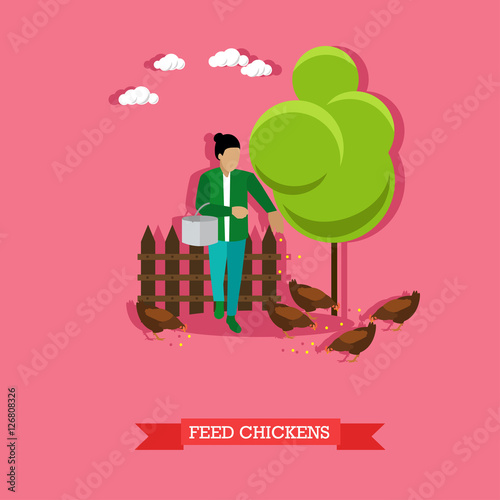 Farmer feeds the chickens, flat design