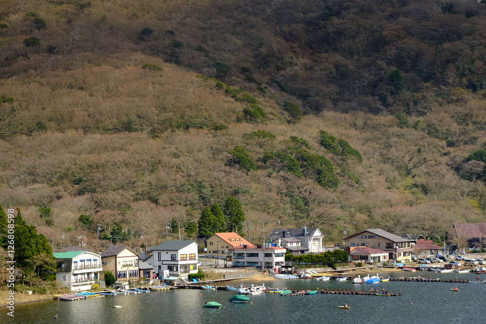 Houses beside Ashi lake in Hakone route, Japan
