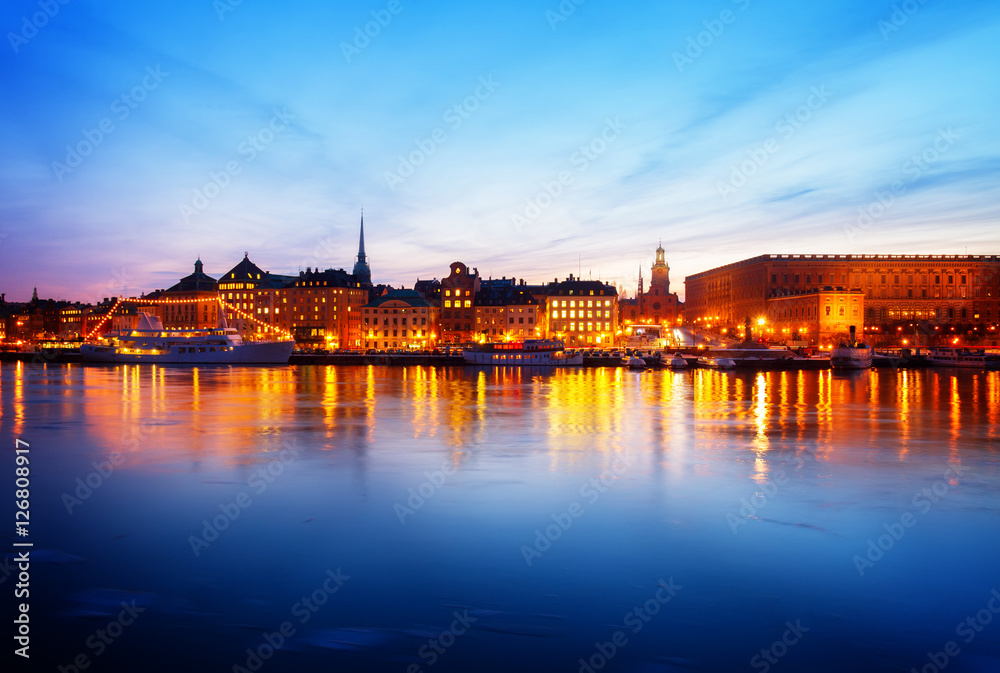 night skyline of the Gamla Stan Old Town in Stockholm, Sweden, toned