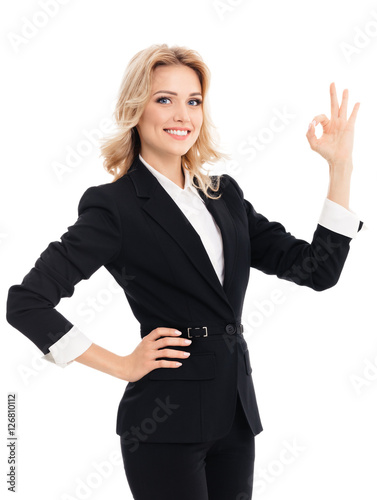 businesswoman showing okay gesture, isolated