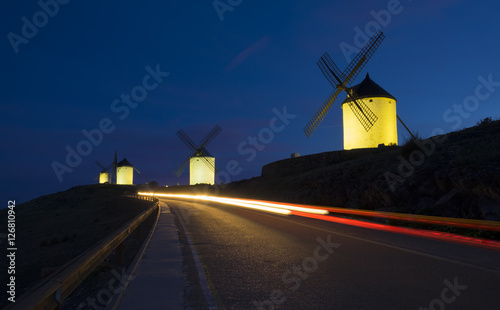 Blue sky and windmills at night in Consuegra, Toledo province, Castilla La Mancha.