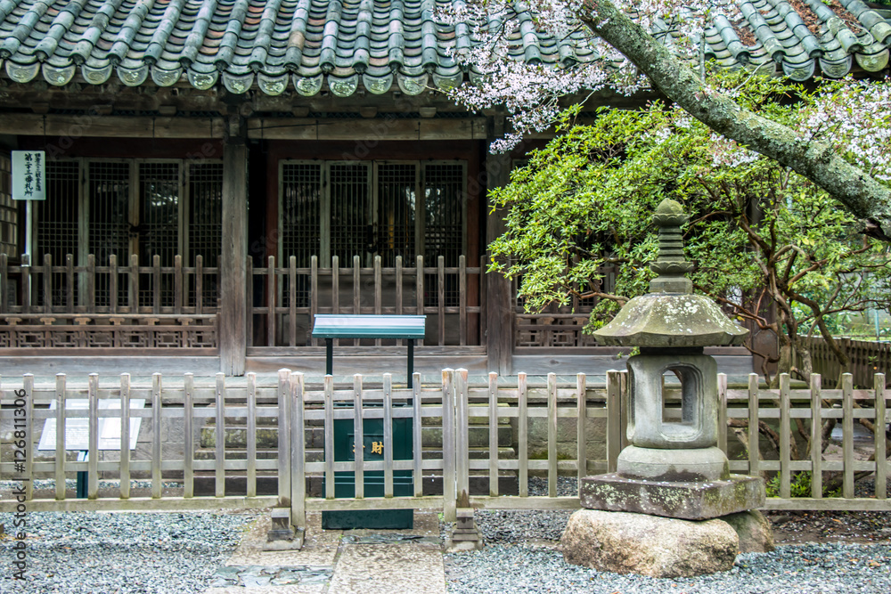 Stone lanterns (Ishidoro) in front of shrine.