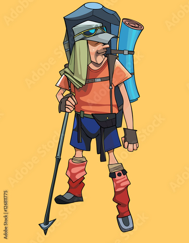 Cartoon male traveler in a tourist outfit with a backpack